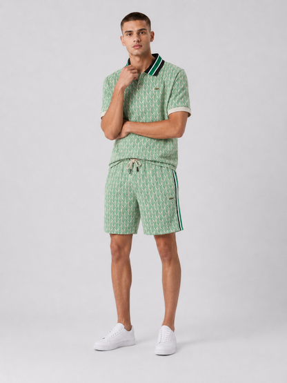 Striped Collar Lime Green Printed Cotton T-Shirt & Shorts Set