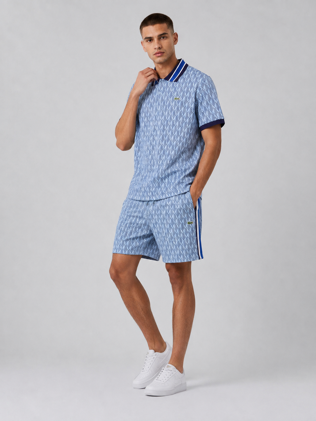 Striped Collar Light Blue Printed Cotton T-Shirt & Shorts Set