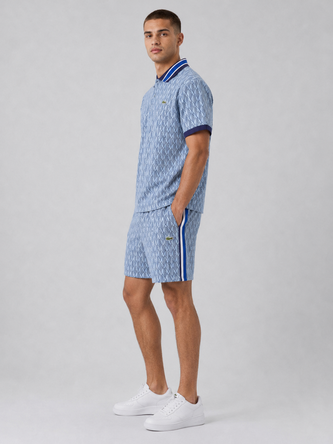 Striped Collar Light Blue Printed Cotton T-Shirt & Shorts Set
