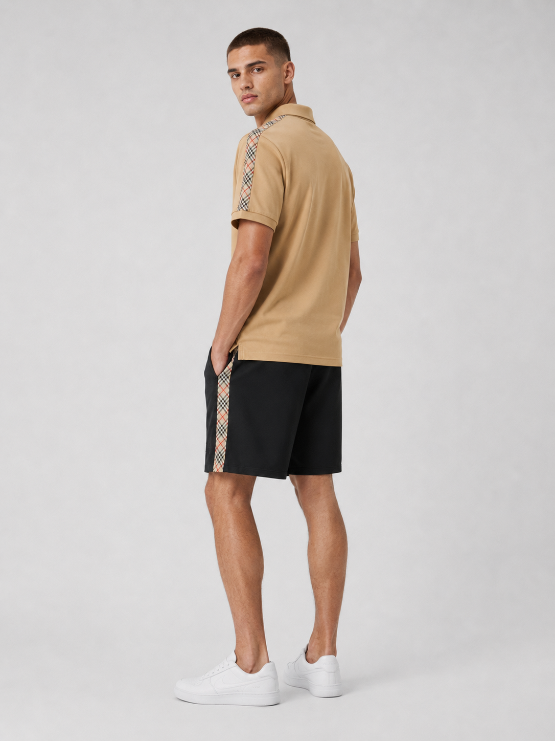 Beige Polo Shirt & Shorts Set – Plaid Side Detail