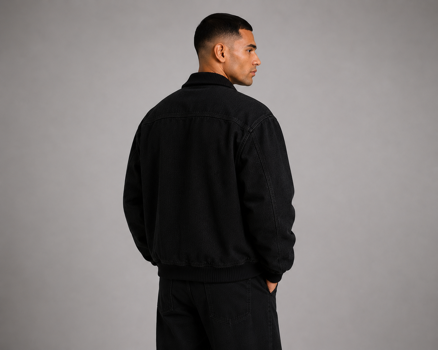 Men’s Denim Bomber Jacket with Ribbed Collar, Cuffs & Hem