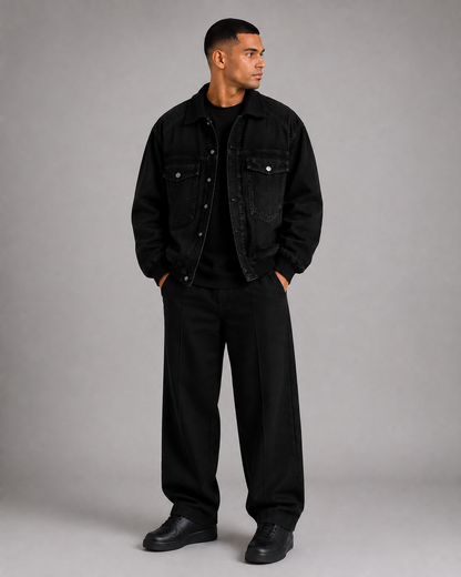 Men’s Denim Bomber Jacket with Ribbed Collar, Cuffs & Hem