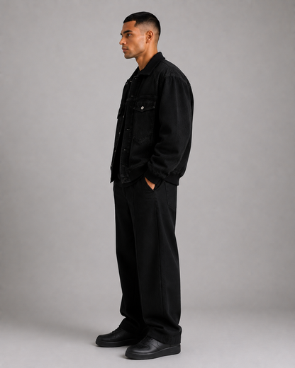 Men’s Denim Bomber Jacket with Ribbed Collar, Cuffs & Hem