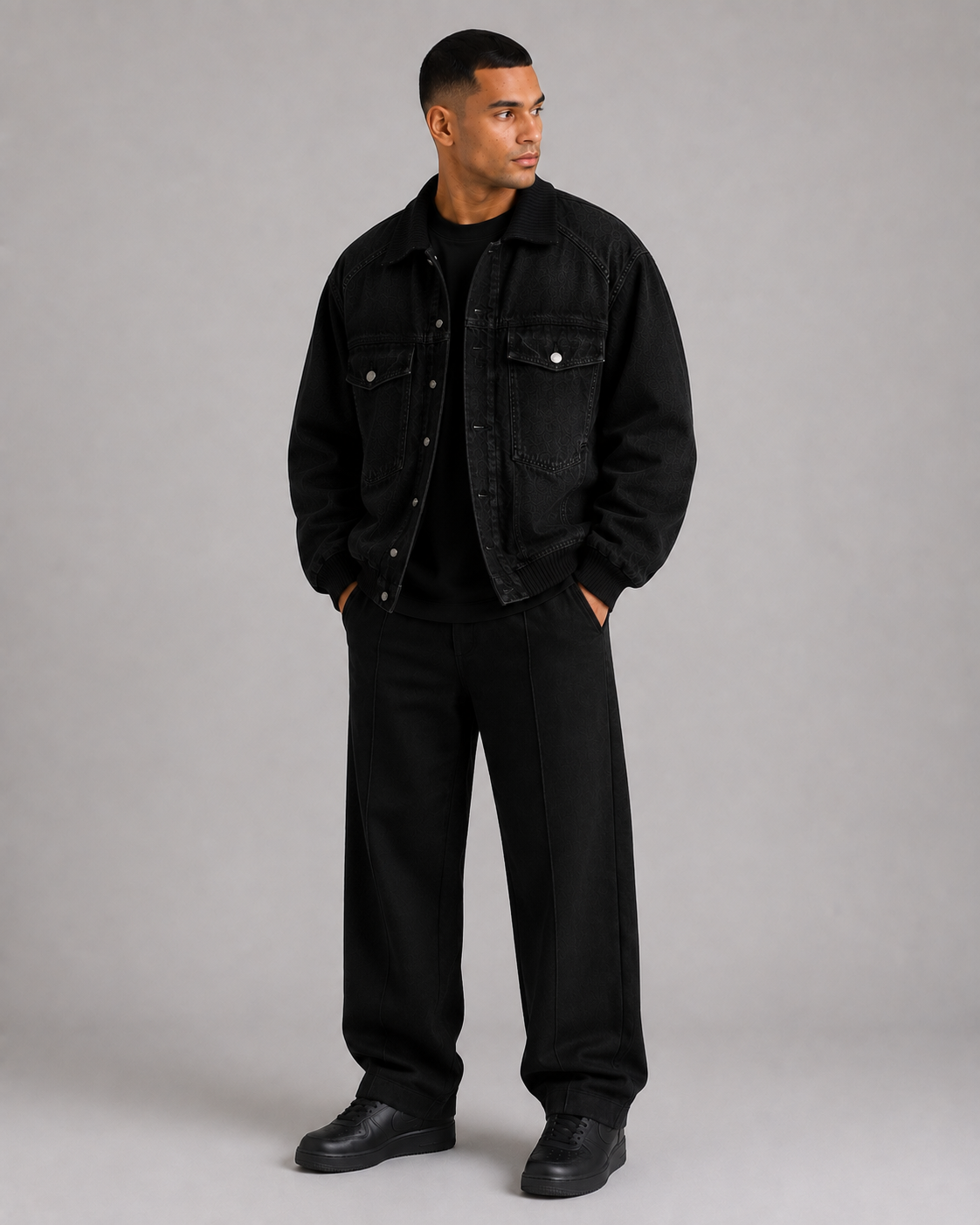 Men’s Denim Bomber Jacket with Ribbed Collar, Cuffs & Hem