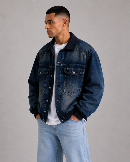 Men’s Denim Bomber Jacket with Ribbed Collar, Cuffs & Hem