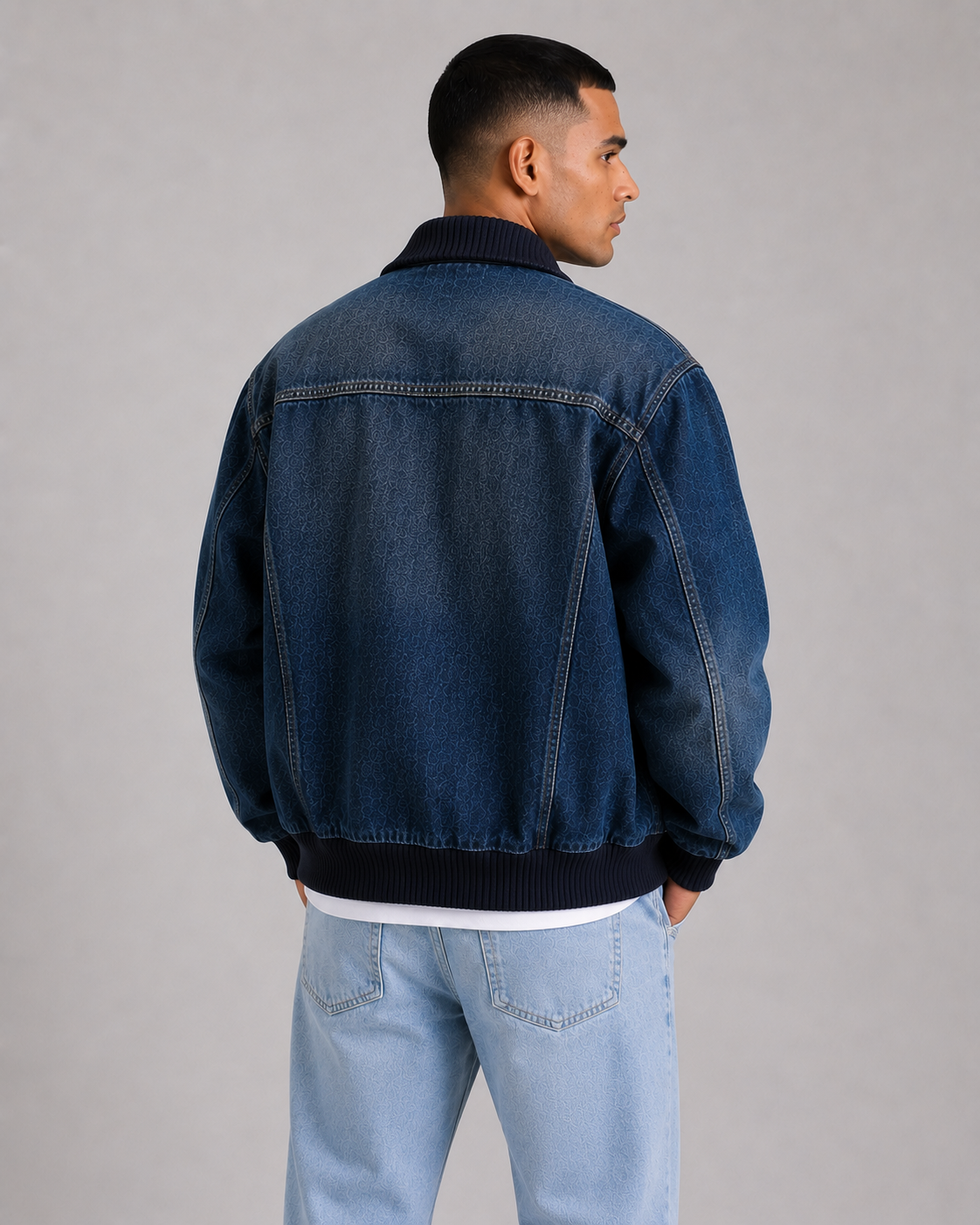 Men’s Denim Bomber Jacket with Ribbed Collar, Cuffs & Hem