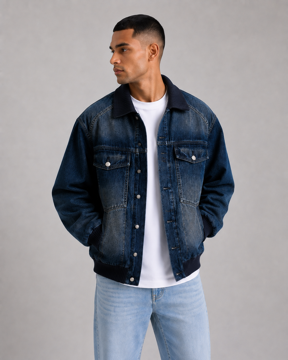 Men’s Denim Bomber Jacket with Ribbed Collar, Cuffs & Hem