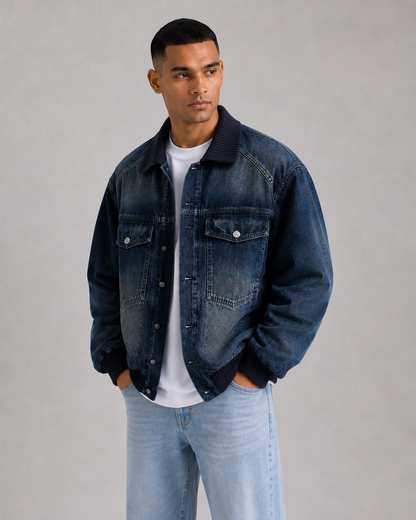 Men’s Denim Bomber Jacket with Ribbed Collar, Cuffs & Hem
