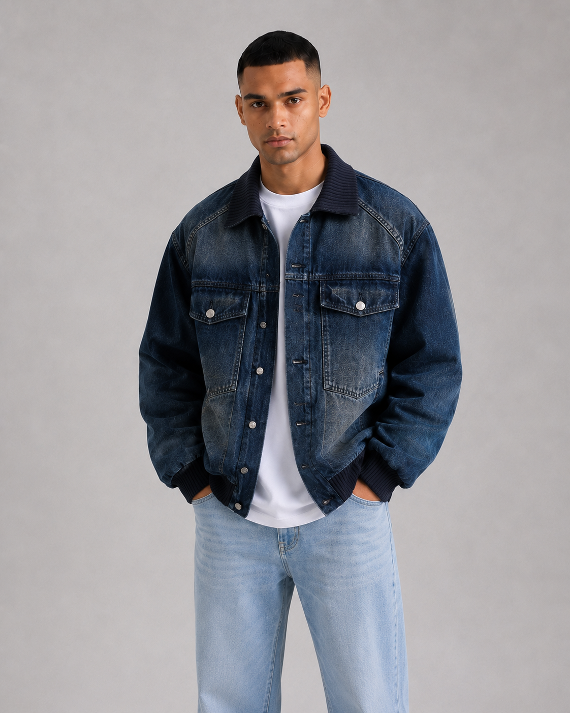 Men’s Denim Bomber Jacket with Ribbed Collar, Cuffs & Hem