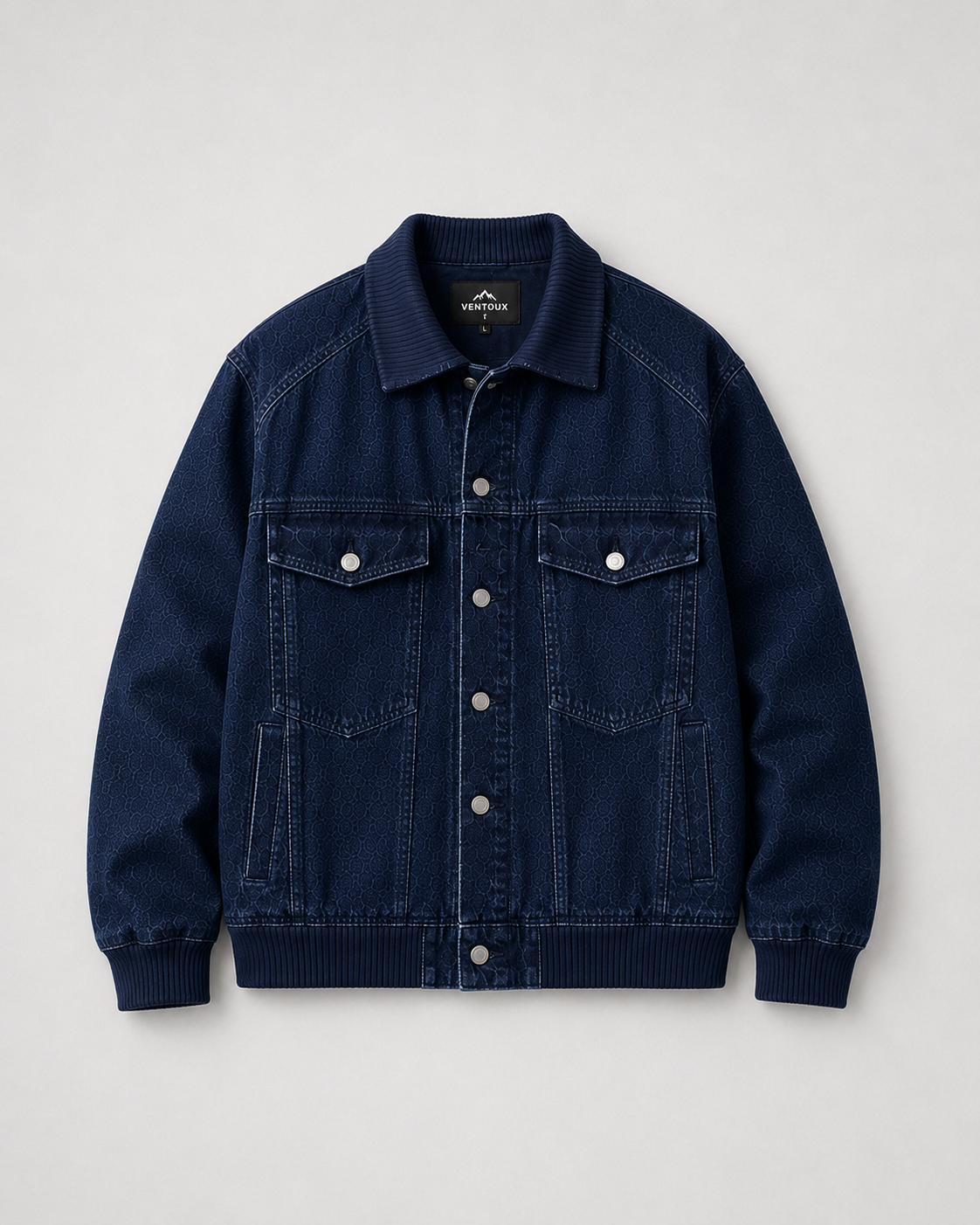 Men’s Denim Bomber Jacket with Ribbed Collar, Cuffs & Hem