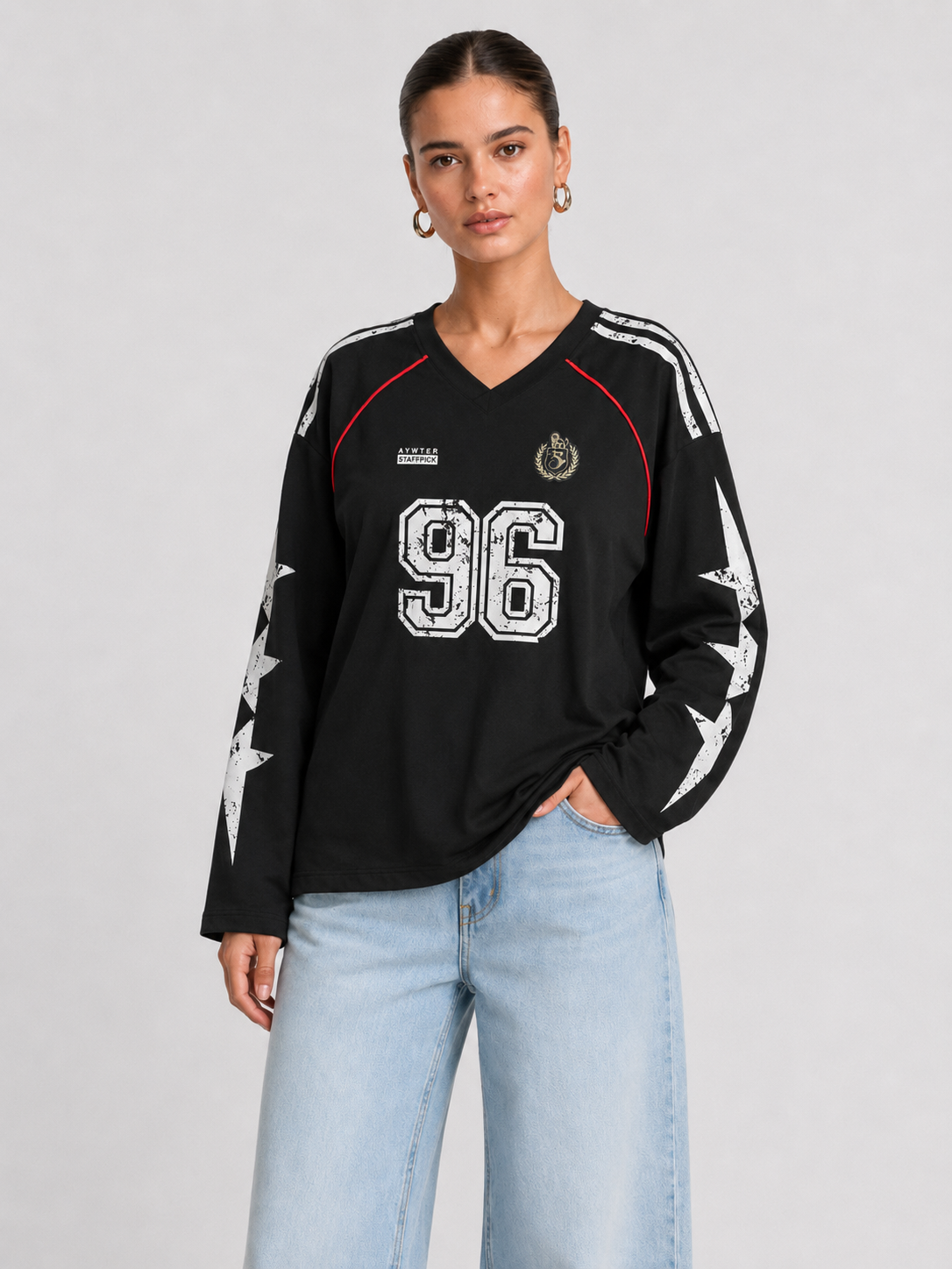 Printed V-Neck Pullover Sweatshirt