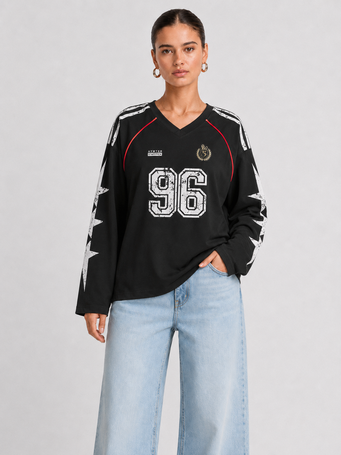 Printed V-Neck Pullover Sweatshirt