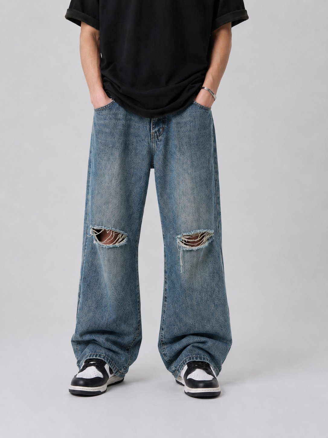 Blue Double-Waist Skateboard Pants