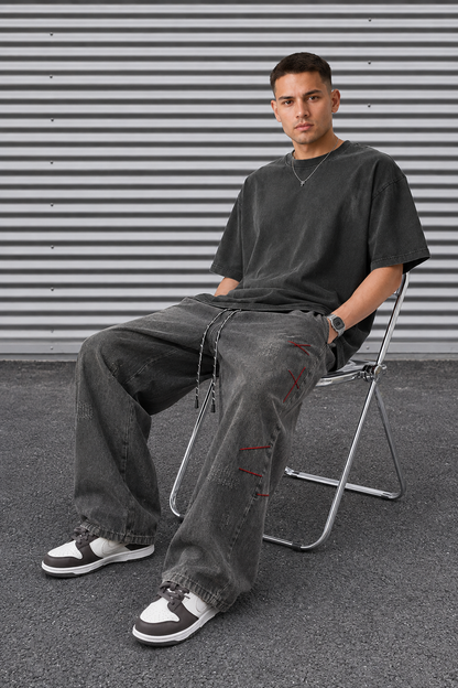 Distressed Straight-Leg Denim Jeans