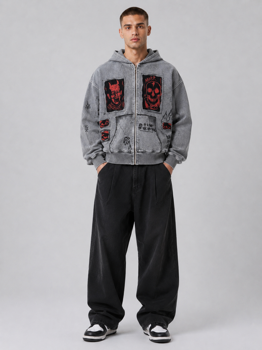 Printed Hooded Zipper Sweatshirt