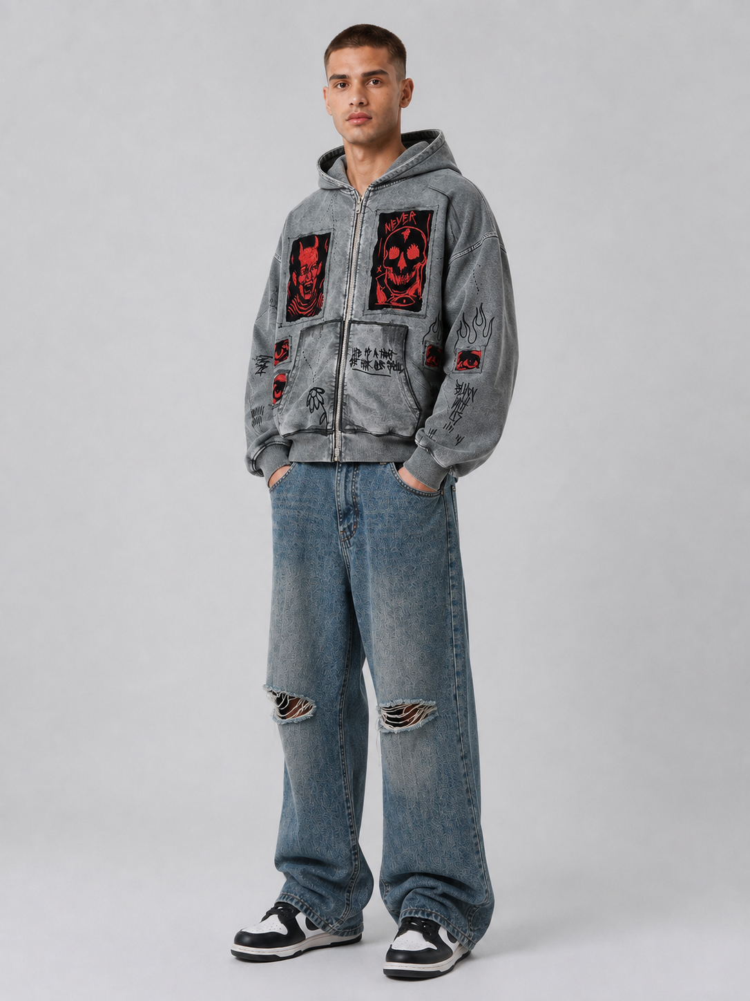 Printed Hooded Zipper Sweatshirt