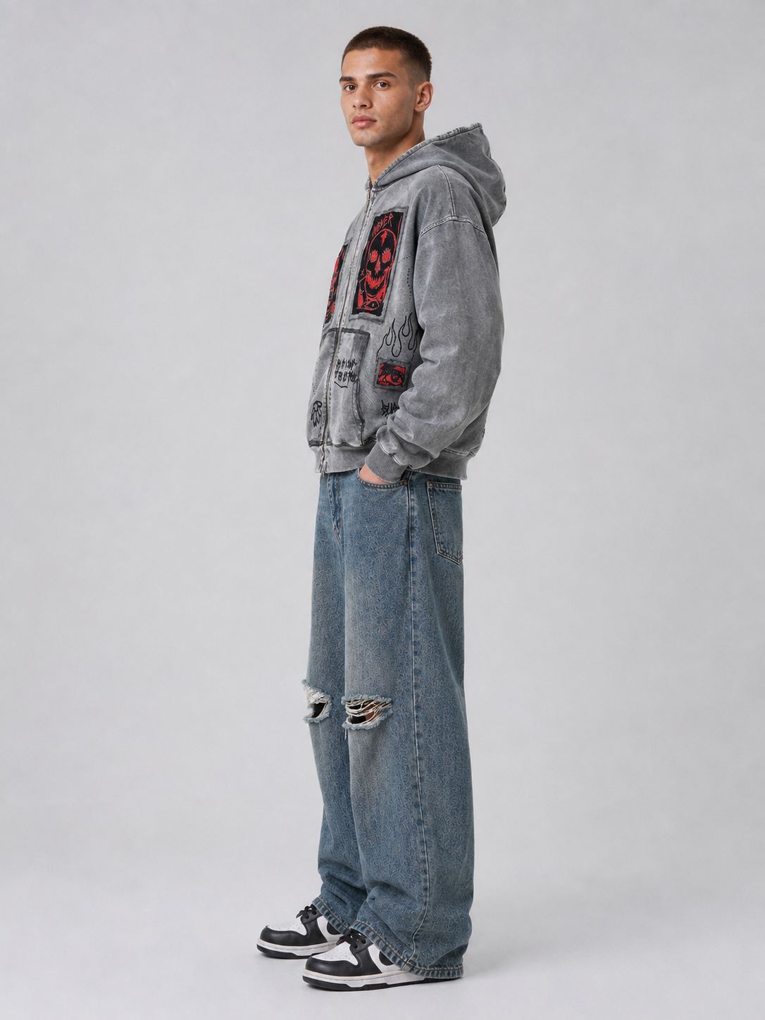 Printed Hooded Zipper Sweatshirt