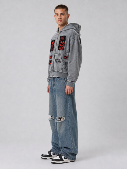 Printed Hooded Zipper Sweatshirt