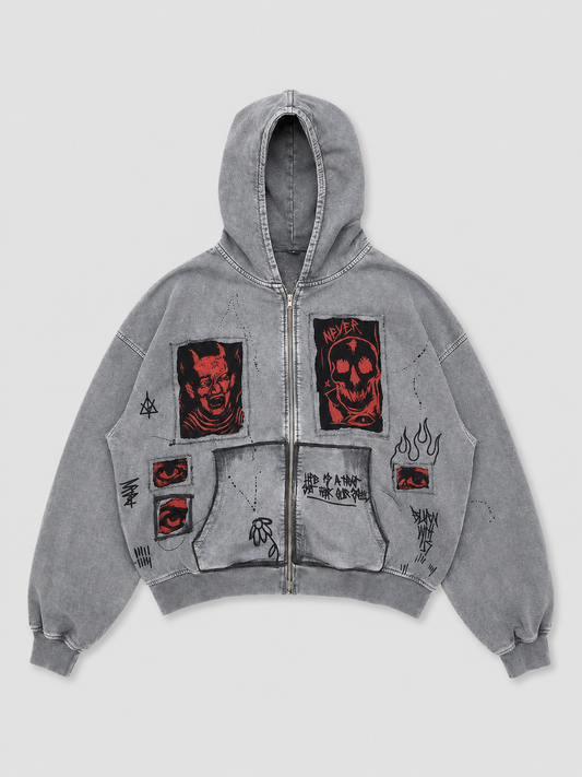 Printed Hooded Zipper Sweatshirt