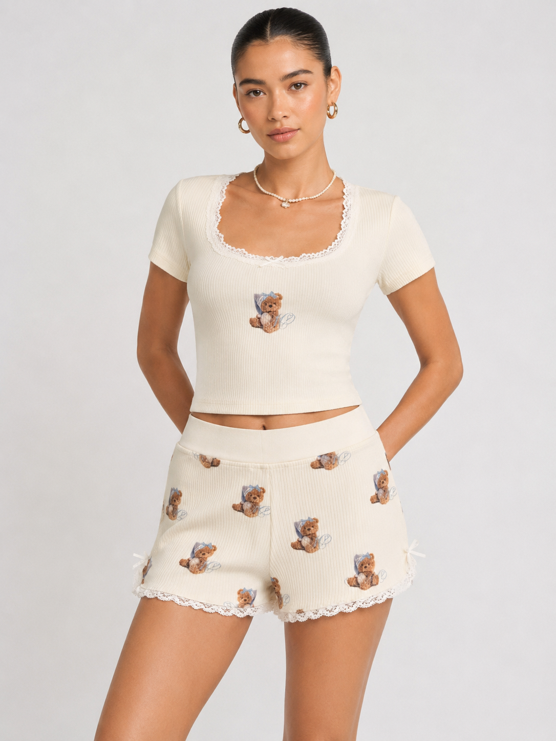 Women’s Teddy Print Lace Top & Shorts Set