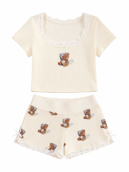 Women’s Teddy Print Lace Top & Shorts Set