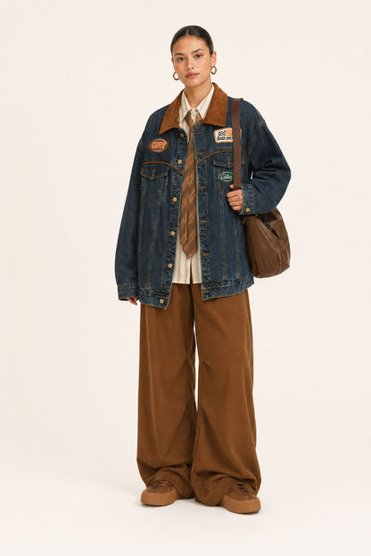 Blue Color-Block Lapel Jacket