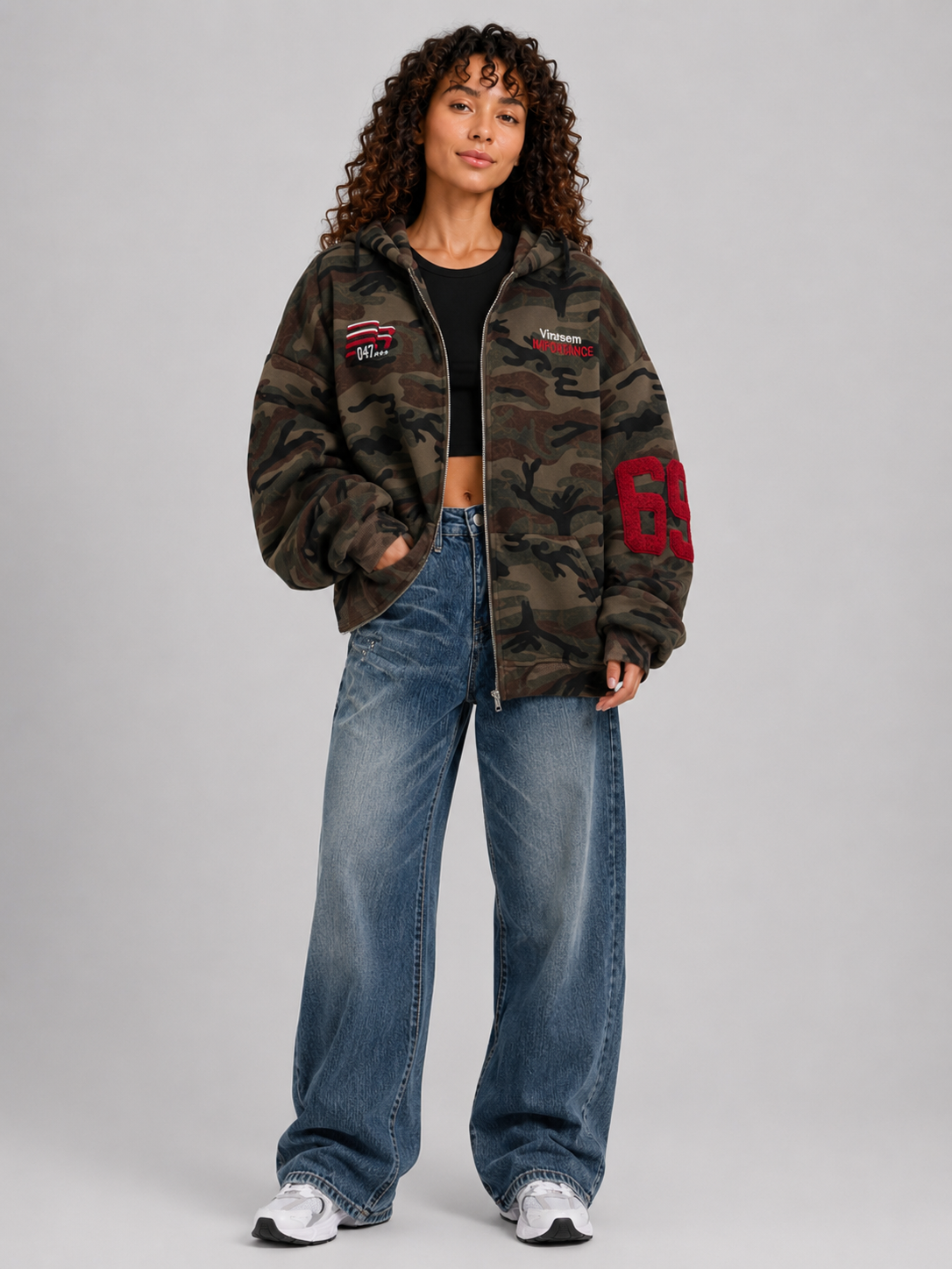 Loose Fit Hooded Camouflage Zip Jacket