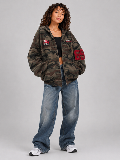 Loose Fit Hooded Camouflage Zip Jacket