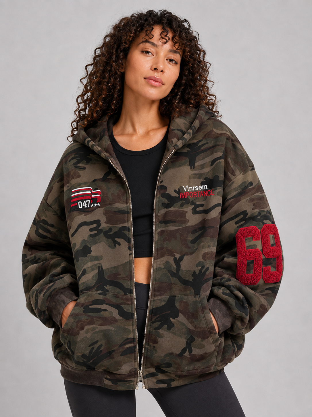 Loose Fit Hooded Camouflage Zip Jacket