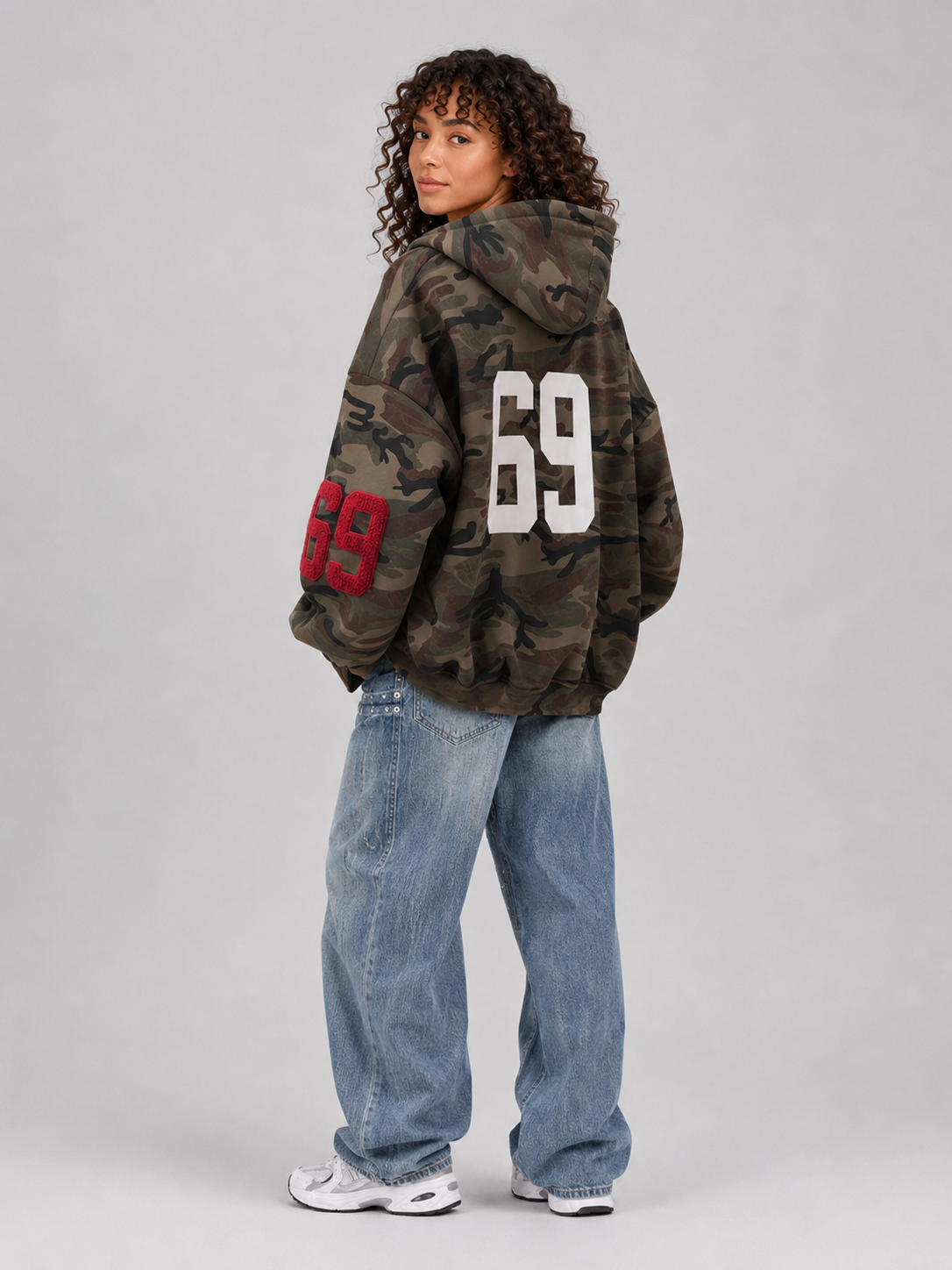 Loose Fit Hooded Camouflage Zip Jacket