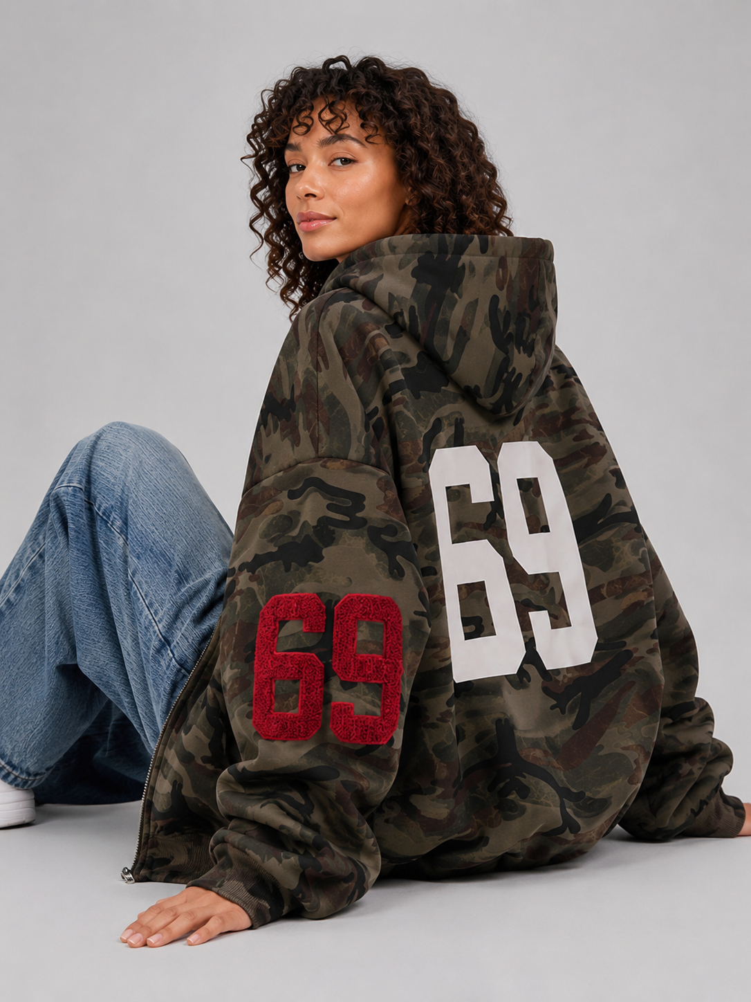 Loose Fit Hooded Camouflage Zip Jacket