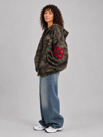 Loose Fit Hooded Camouflage Zip Jacket