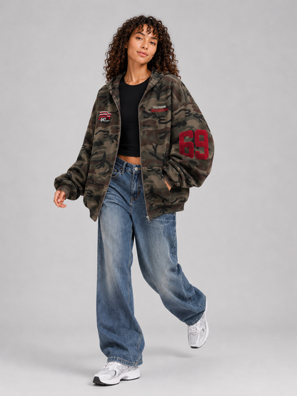 Loose Fit Hooded Camouflage Zip Jacket