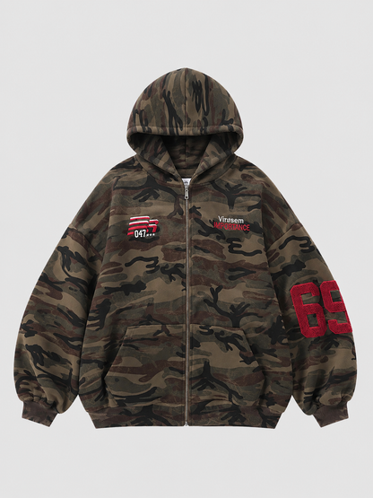 Loose Fit Hooded Camouflage Zip Jacket