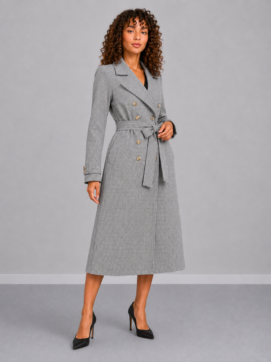 Houndstooth Polo Collar Long Sleeve Top