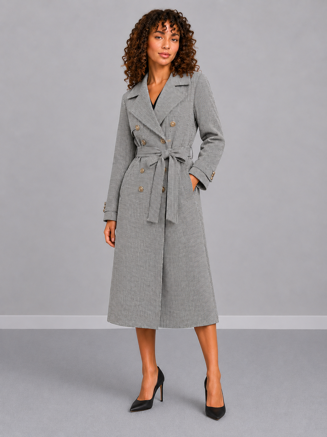 Houndstooth Polo Collar Long Sleeve Top