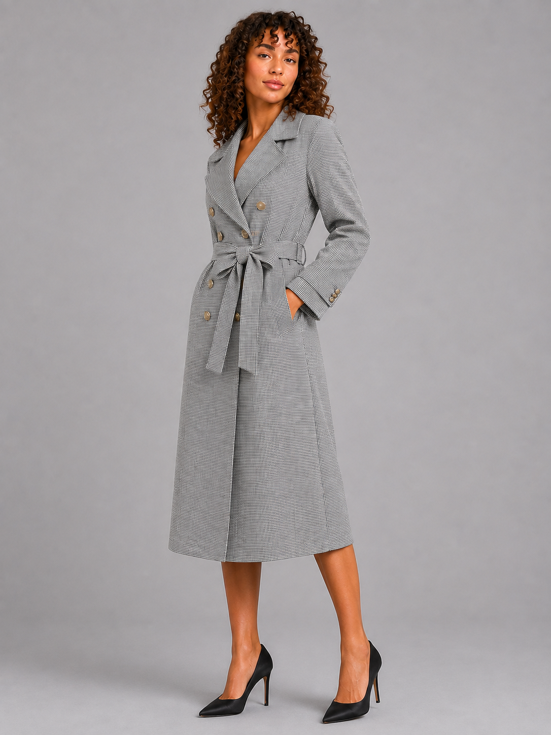 Houndstooth Polo Collar Long Sleeve Top