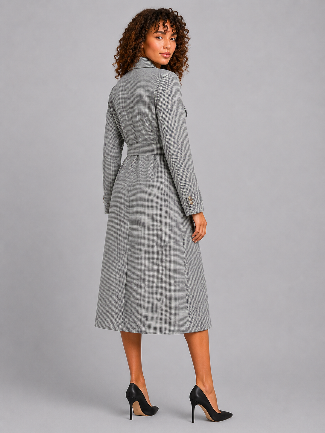 Houndstooth Polo Collar Long Sleeve Top