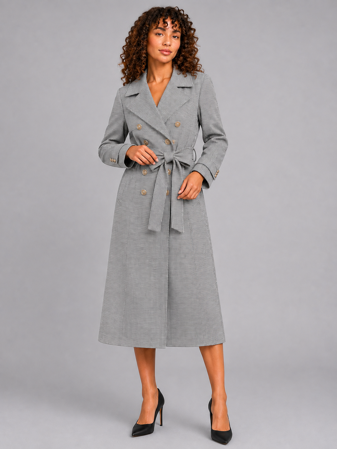 Houndstooth Polo Collar Long Sleeve Top
