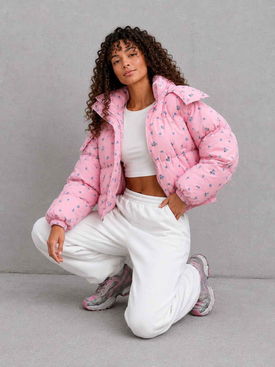 Women’s Floral Cropped Hooded Puffer Jacket