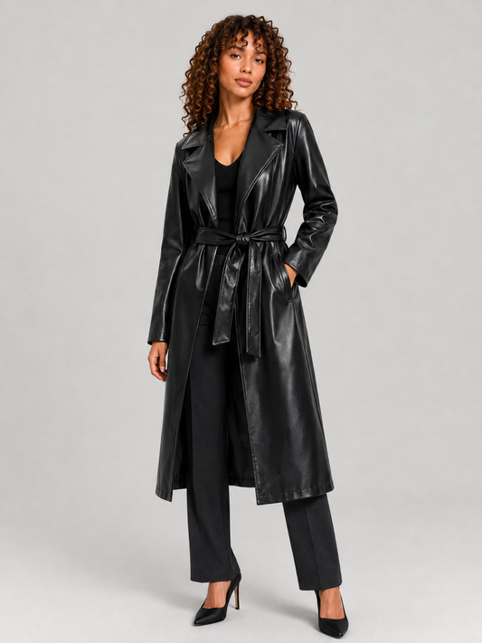 Long Faux Leather Lace-Up Lapel Coat
