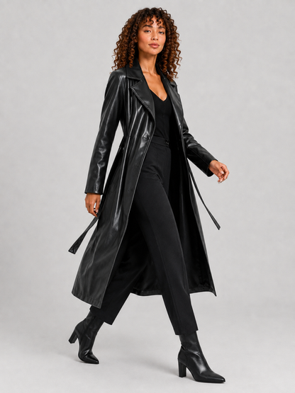Long Faux Leather Lace-Up Lapel Coat