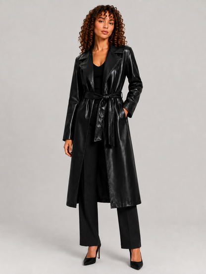 Long Faux Leather Lace-Up Lapel Coat