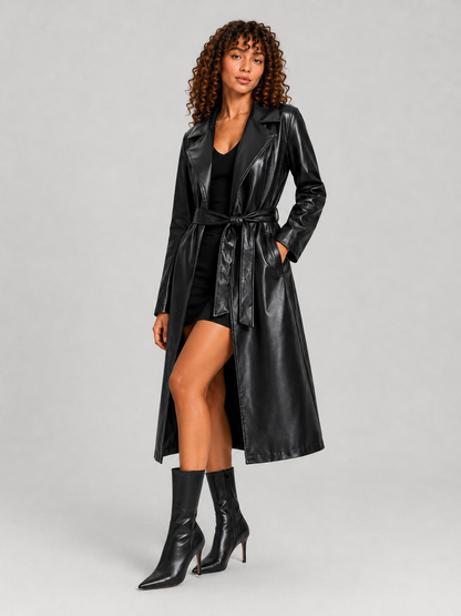 Long Faux Leather Lace-Up Lapel Coat