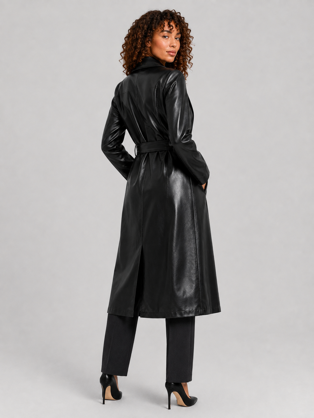 Long Faux Leather Lace-Up Lapel Coat