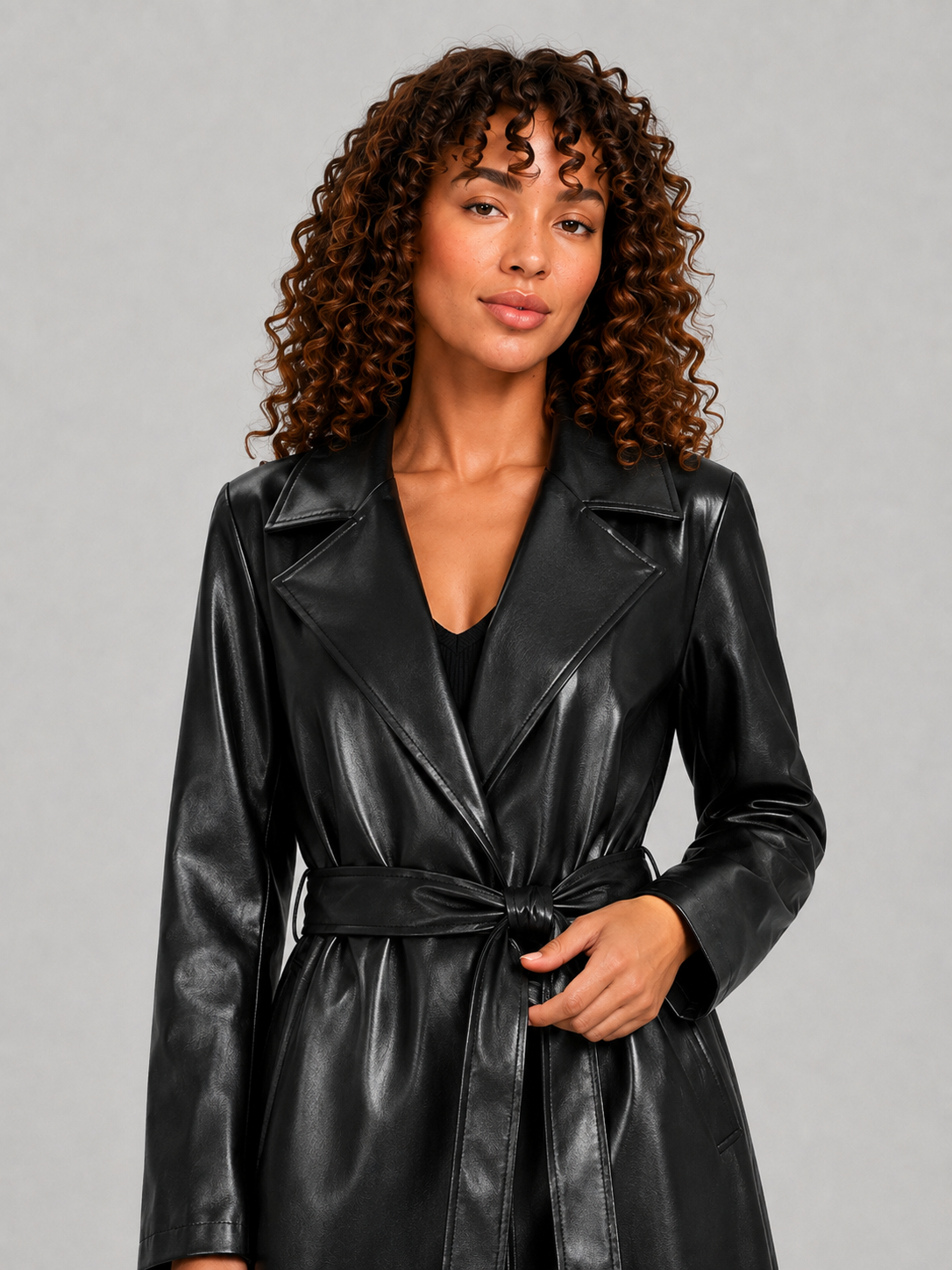 Long Faux Leather Lace-Up Lapel Coat