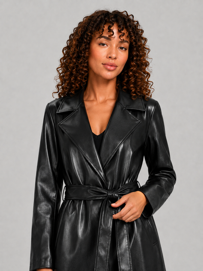 Long Faux Leather Lace-Up Lapel Coat