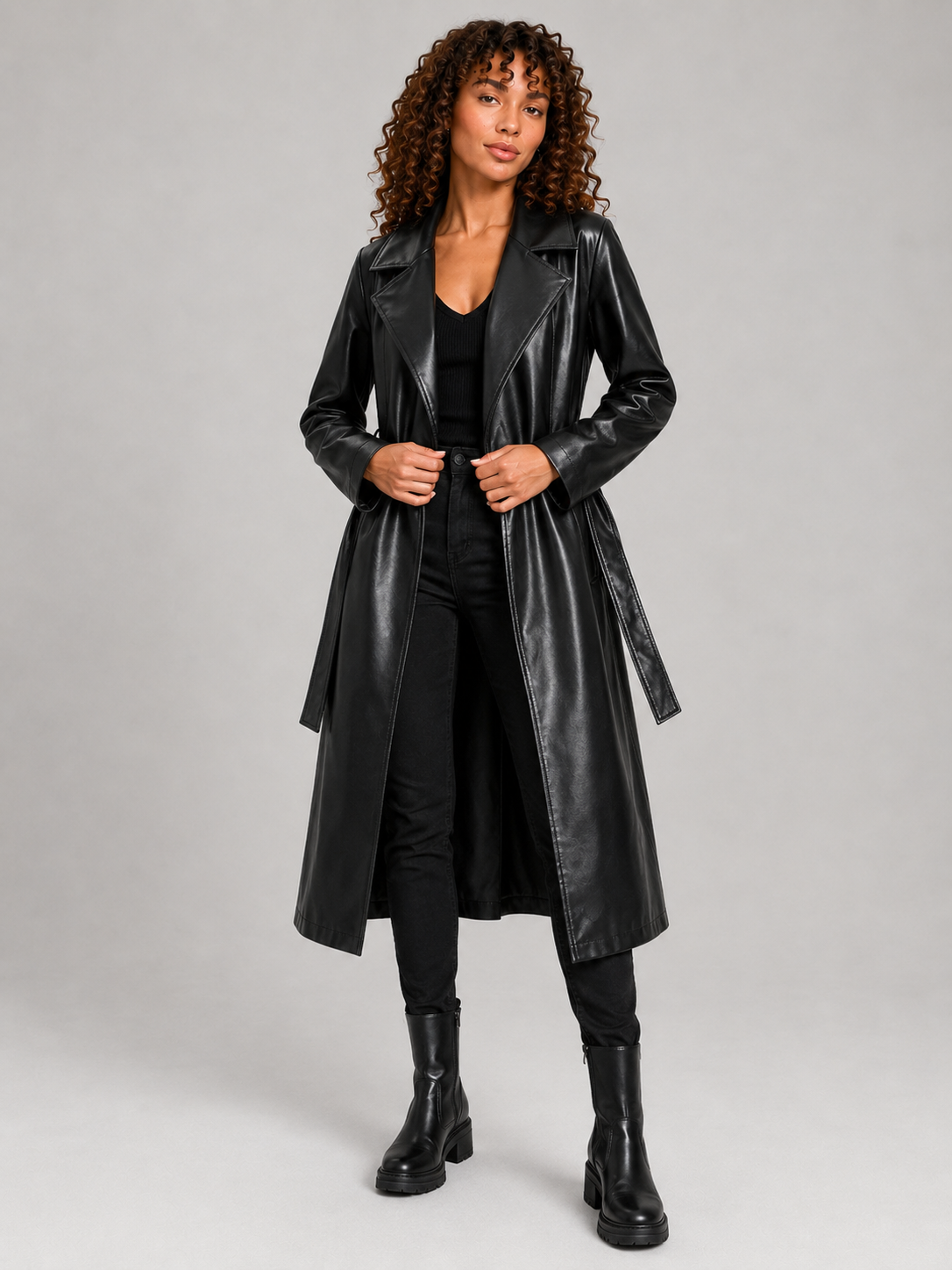 Long Faux Leather Lace-Up Lapel Coat