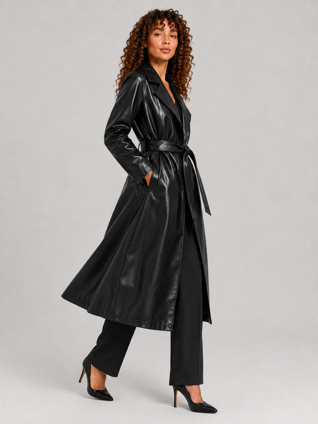 Long Faux Leather Lace-Up Lapel Coat