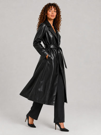 Long Faux Leather Lace-Up Lapel Coat